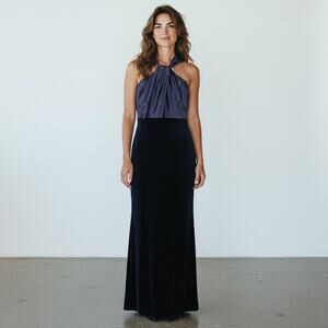 Eliza J Women's Navy Twist Neck Half Satin Half Velour Maxi Gown Dress Size 6